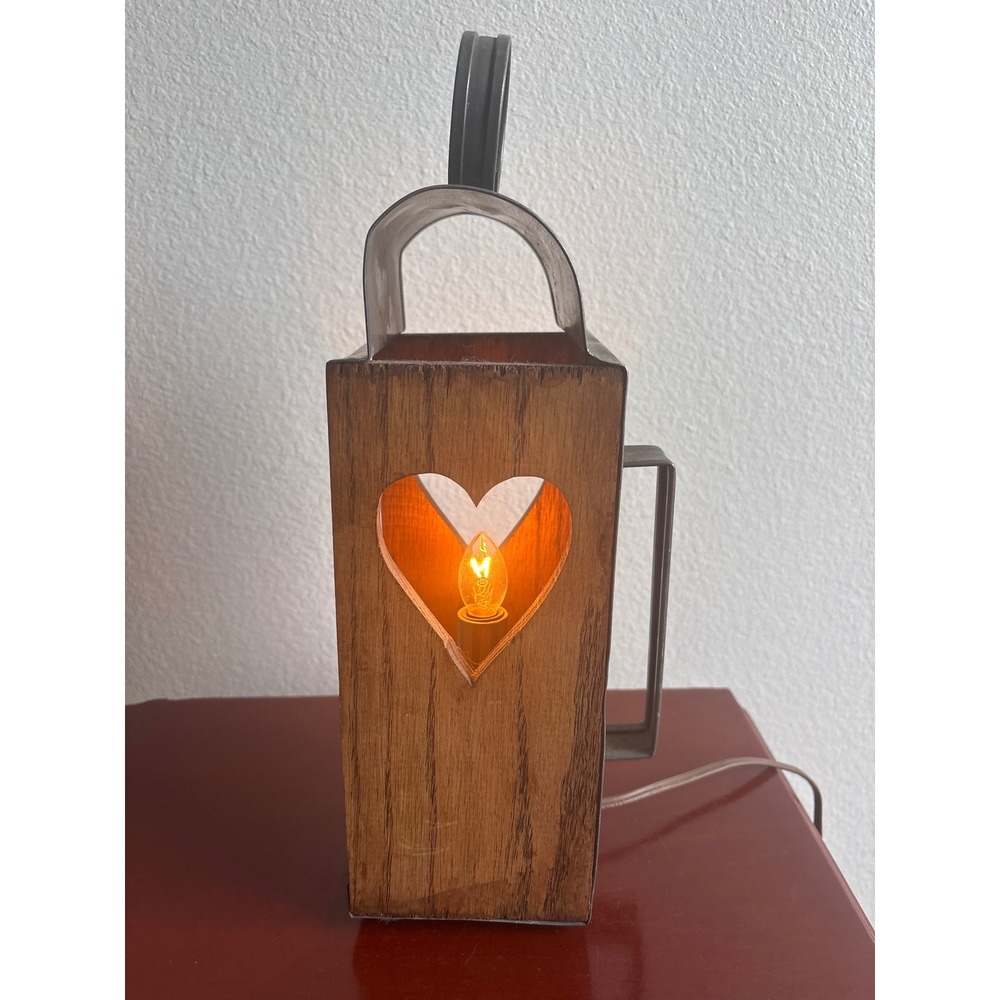 Primitive Wood Metal Heart Cutout Lantern Electric Candle Lamp Rustic Home Decor - Picture 3 of 7